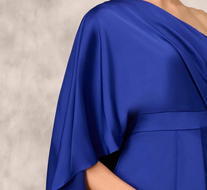 Adrianna Papell OneShoulder Satin Draped Sheath Dress With Crepe Back And Cape In Royal Sapphire Royal Sapphire Women Short Dresses Adrianna Papell OneShoulder Satin Draped Sheath Dress With Crepe Back And Cape In Royal Sapphire Royal Sapphire Women Short Dresses