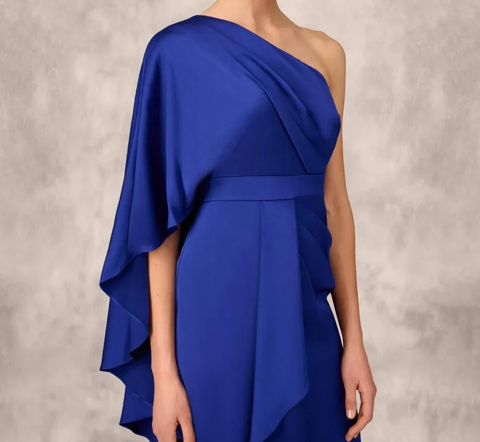 Adrianna Papell OneShoulder Satin Draped Sheath Dress With Crepe Back And Cape In Royal Sapphire Royal Sapphire Women Short Dresses Adrianna Papell OneShoulder Satin Draped Sheath Dress With Crepe Back And Cape In Royal Sapphire Royal Sapphire Women Short Dresses