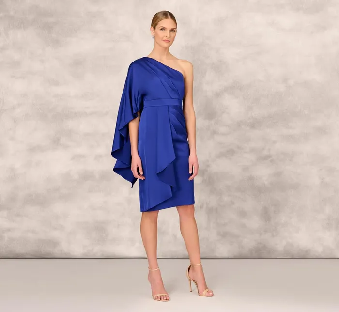 Adrianna Papell OneShoulder Satin Draped Sheath Dress With Crepe Back And Cape In Royal Sapphire Royal Sapphire Women Short Dresses Adrianna Papell OneShoulder Satin Draped Sheath Dress With Crepe Back And Cape In Royal Sapphire Royal Sapphire Women Short Dresses
