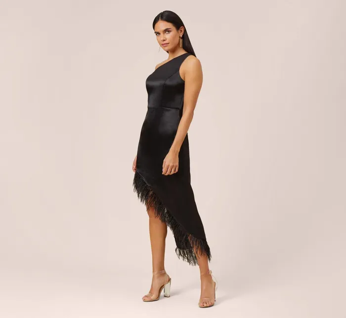 Adrianna Papell OneShoulder Satin Dress With Feather Trim In Black Black Women Long Dresses Adrianna Papell OneShoulder Satin Dress With Feather Trim In Black Black Women Long Dresses