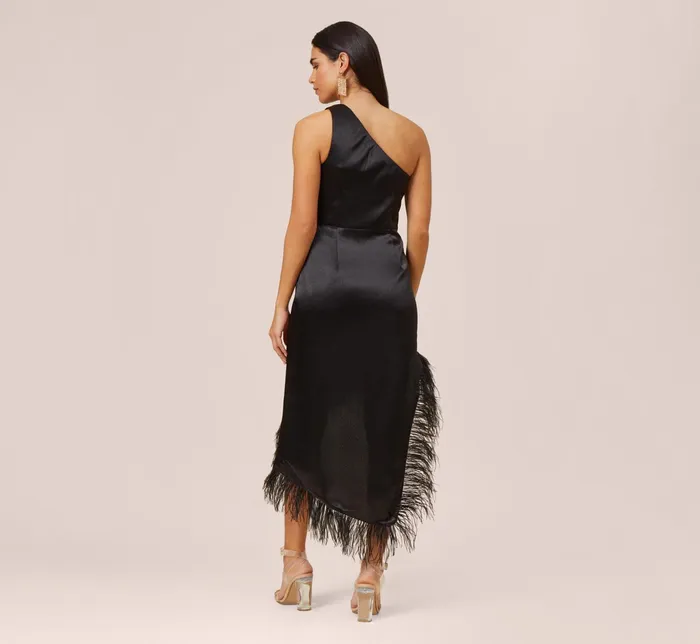 Adrianna Papell OneShoulder Satin Dress With Feather Trim In Black Black Women Long Dresses Adrianna Papell OneShoulder Satin Dress With Feather Trim In Black Black Women Long Dresses