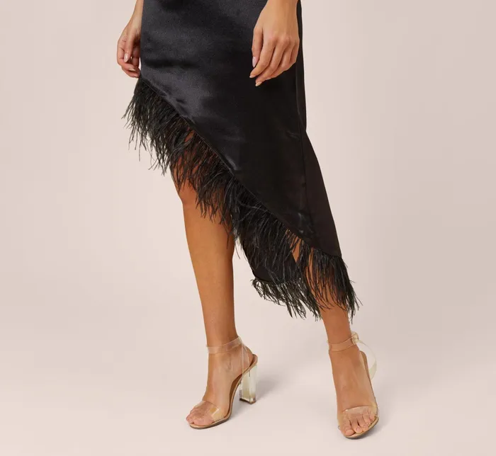 Adrianna Papell OneShoulder Satin Dress With Feather Trim In Black Black Women Long Dresses Adrianna Papell OneShoulder Satin Dress With Feather Trim In Black Black Women Long Dresses