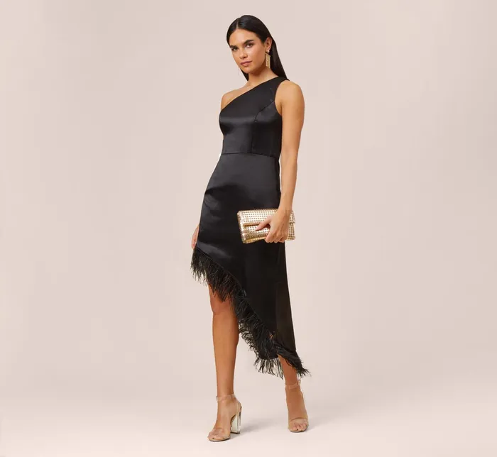 Adrianna Papell OneShoulder Satin Dress With Feather Trim In Black Black Women Long Dresses Adrianna Papell OneShoulder Satin Dress With Feather Trim In Black Black Women Long Dresses
