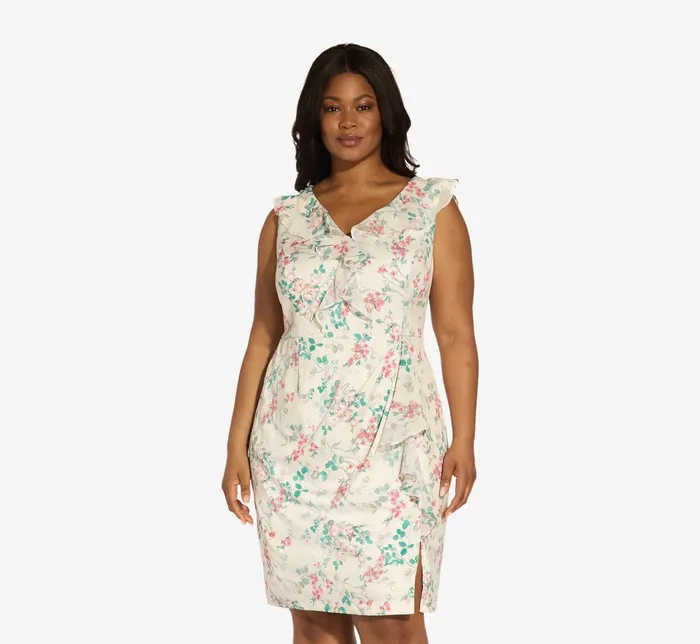 Adrianna Papell Plus Size FloralPrint TwillChiffon Ruffled Short Sheath Dress In Alabaster Multi Alabaster Multi Women Short Dresses Adrianna Papell Plus Size FloralPrint TwillChiffon Ruffled Short Sheath Dress In Alabaster Multi Alabaster Multi Women Short Dresses