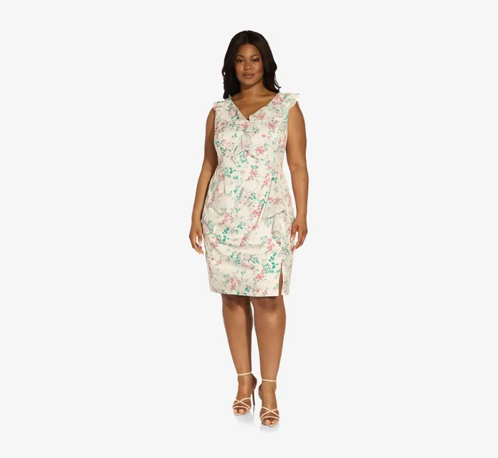 Adrianna Papell Plus Size FloralPrint TwillChiffon Ruffled Short Sheath Dress In Alabaster Multi Alabaster Multi Women Short Dresses Adrianna Papell Plus Size FloralPrint TwillChiffon Ruffled Short Sheath Dress In Alabaster Multi Alabaster Multi Women Short Dresses