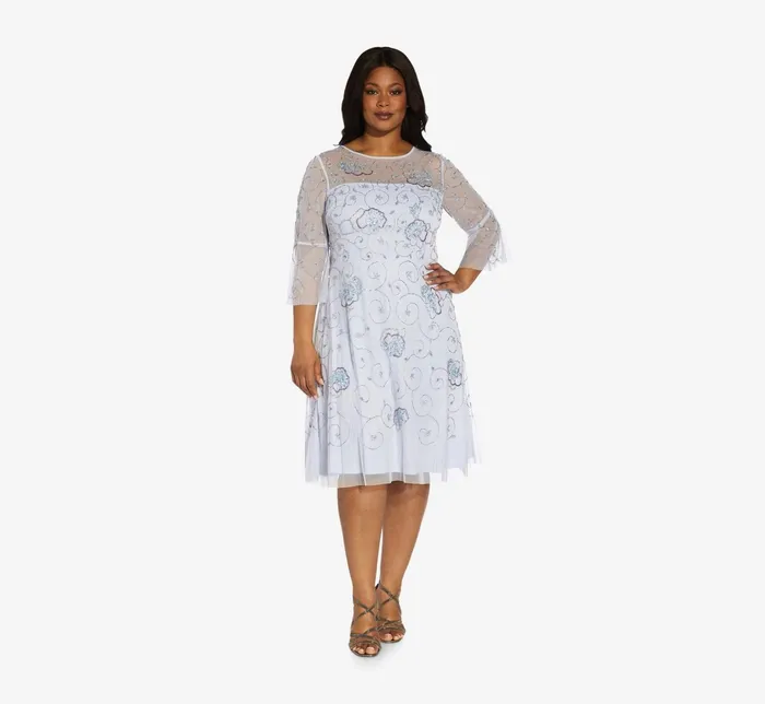Adrianna Papell Plus Size HandBeaded Illusion MidiLength Cocktail Dress In Serenity Multi Serenity Multi Women Cocktail Dresses