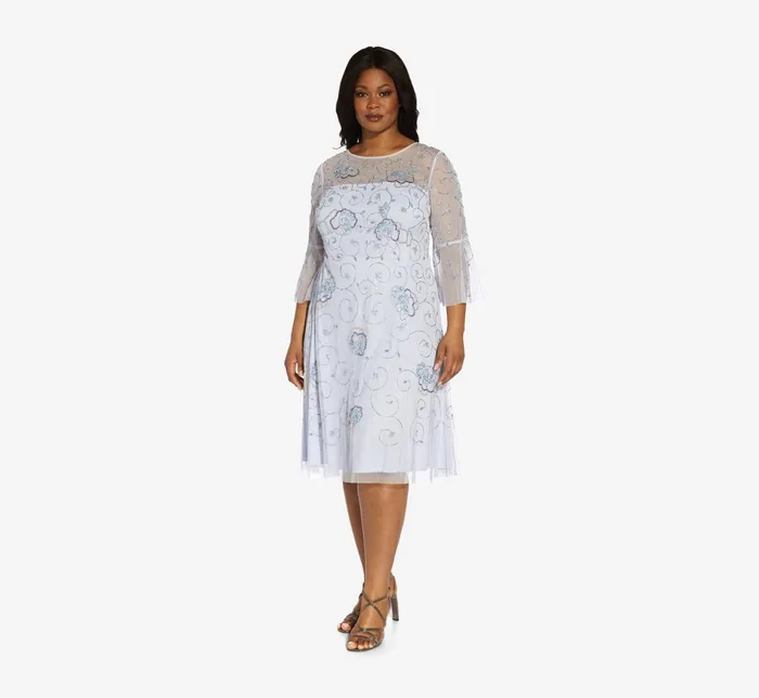 Adrianna Papell Plus Size HandBeaded Illusion MidiLength Cocktail Dress In Serenity Multi Serenity Multi Women Cocktail Dresses