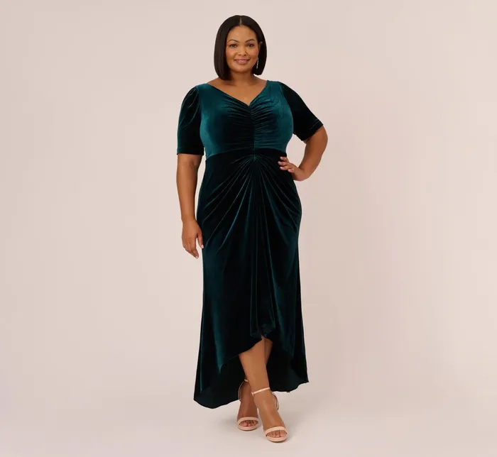 Adrianna Papell Plus Size Shirred Velvet Gown With ElbowLength Sleeves In Emerald Emerald Women Day Dresses Adrianna Papell Plus Size Shirred Velvet Gown With ElbowLength Sleeves In Emerald Emerald Women Day Dresses