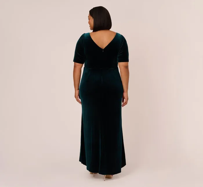 Adrianna Papell Plus Size Shirred Velvet Gown With ElbowLength Sleeves In Emerald Emerald Women Day Dresses Adrianna Papell Plus Size Shirred Velvet Gown With ElbowLength Sleeves In Emerald Emerald Women Day Dresses