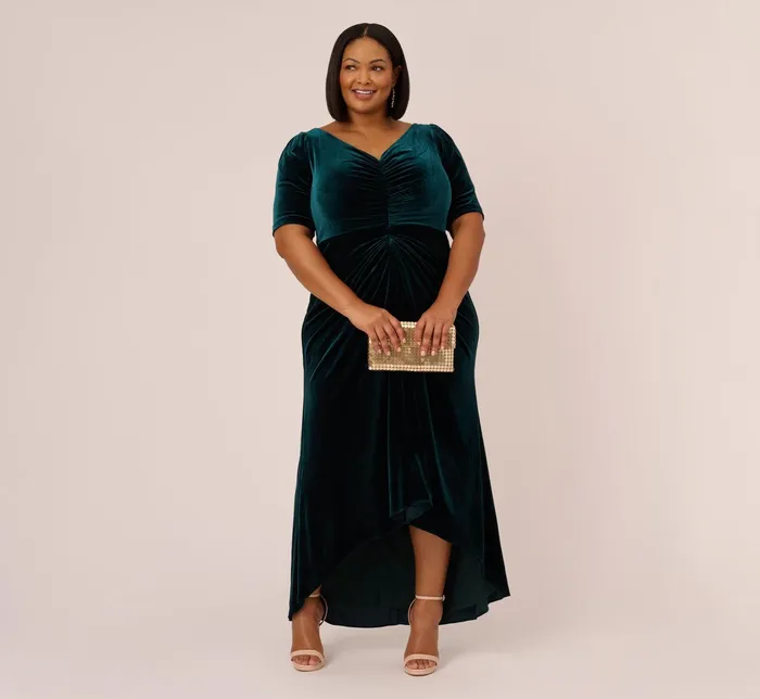 Adrianna Papell Plus Size Shirred Velvet Gown With ElbowLength Sleeves In Emerald Emerald Women Day Dresses Adrianna Papell Plus Size Shirred Velvet Gown With ElbowLength Sleeves In Emerald Emerald Women Day Dresses