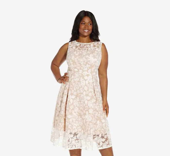 Adrianna Papell Plus Size Sleeveless Floral Embroidered Midi Length Fit And Flare Dress In Ivory Bisque IvoryBisque Women Floral Dresses Adrianna Papell Plus Size Sleeveless Floral Embroidered Midi Length Fit And Flare Dress In Ivory Bisque IvoryBisque Women Floral Dresses