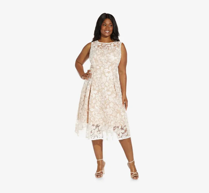 Adrianna Papell Plus Size Sleeveless Floral Embroidered Midi Length Fit And Flare Dress In Ivory Bisque IvoryBisque Women Floral Dresses Adrianna Papell Plus Size Sleeveless Floral Embroidered Midi Length Fit And Flare Dress In Ivory Bisque IvoryBisque Women Floral Dresses