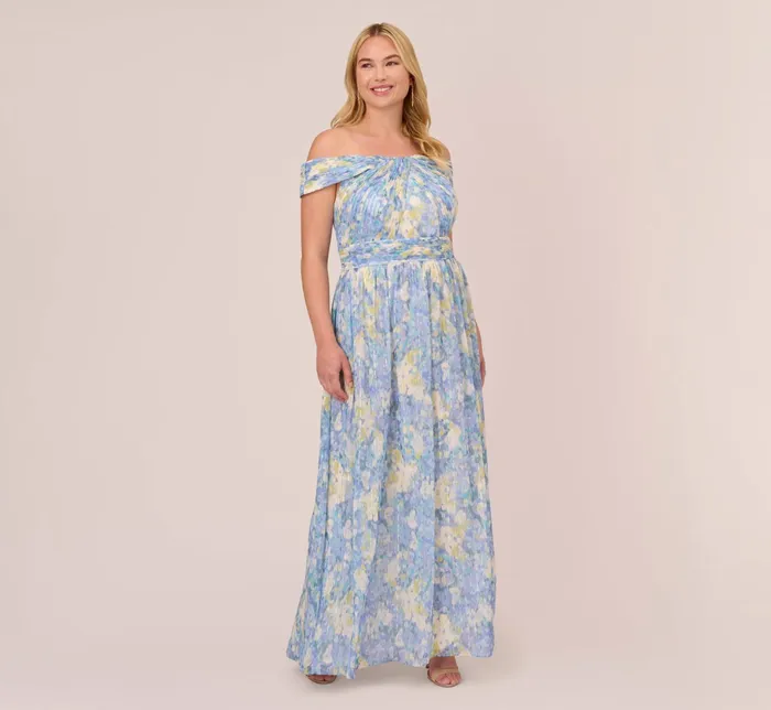 Adrianna Papell Plus Size Watercolor Floral Print Gown With Off The Shoulder Neckline In Blue Multi Blue Multi Women Floral Dresses Adrianna Papell Plus Size Watercolor Floral Print Gown With Off The Shoulder Neckline In Blue Multi Blue Multi Women Floral Dresses