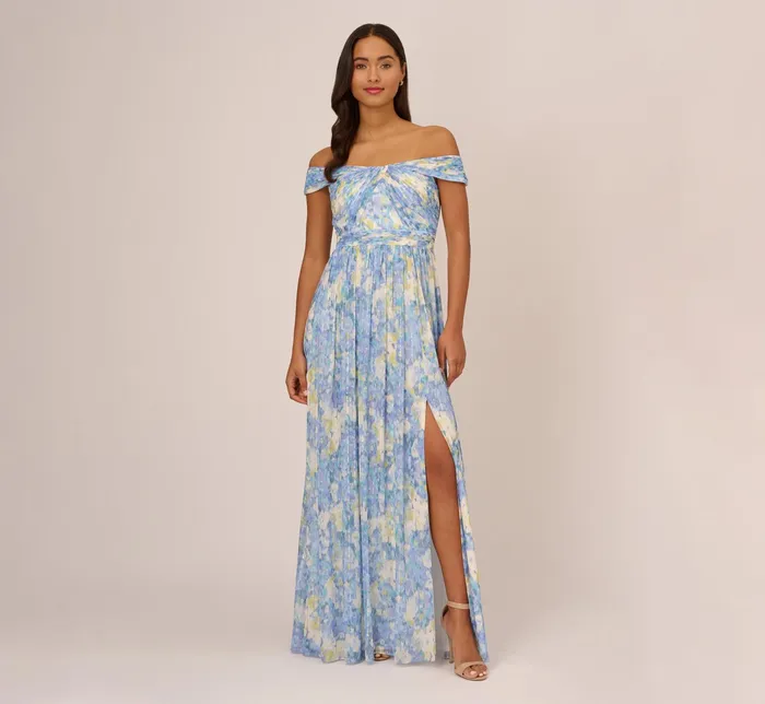 Adrianna Papell Plus Size Watercolor Floral Print Gown With Off The Shoulder Neckline In Blue Multi Blue Multi Women Floral Dresses Adrianna Papell Plus Size Watercolor Floral Print Gown With Off The Shoulder Neckline In Blue Multi Blue Multi Women Floral Dresses