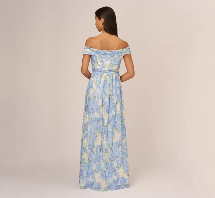 Adrianna Papell Plus Size Watercolor Floral Print Gown With Off The Shoulder Neckline In Blue Multi Blue Multi Women Floral Dresses Adrianna Papell Plus Size Watercolor Floral Print Gown With Off The Shoulder Neckline In Blue Multi Blue Multi Women Floral Dresses