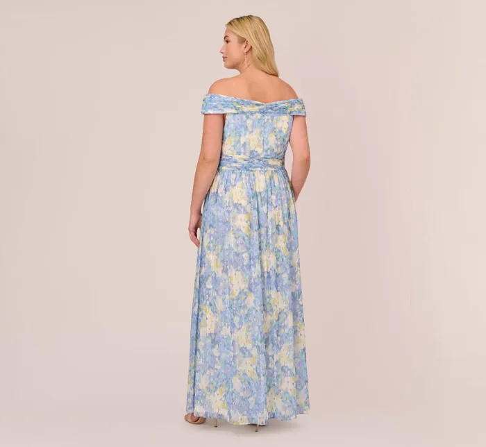 Adrianna Papell Plus Size Watercolor Floral Print Gown With Off The Shoulder Neckline In Blue Multi Blue Multi Women Floral Dresses Adrianna Papell Plus Size Watercolor Floral Print Gown With Off The Shoulder Neckline In Blue Multi Blue Multi Women Floral Dresses