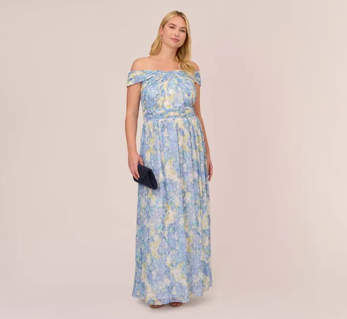 Adrianna Papell Plus Size Watercolor Floral Print Gown With Off The Shoulder Neckline In Blue Multi Blue Multi Women Floral Dresses Adrianna Papell Plus Size Watercolor Floral Print Gown With Off The Shoulder Neckline In Blue Multi Blue Multi Women Floral Dresses