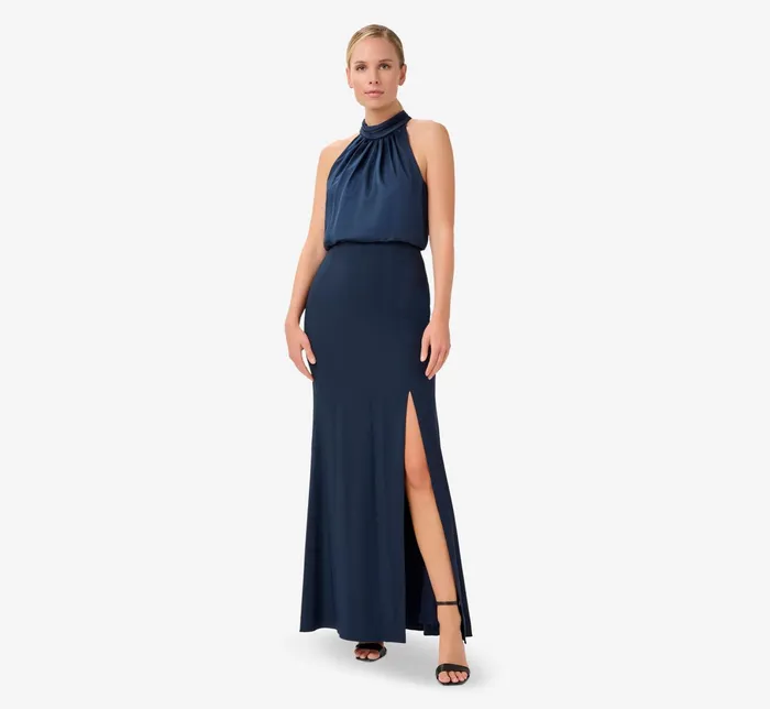 Adrianna Papell Satin Crepe Blouson Halter Long Gown In Dark Navy Dark Navy Women Long Dresses Adrianna Papell Satin Crepe Blouson Halter Long Gown In Dark Navy Dark Navy Women Long Dresses