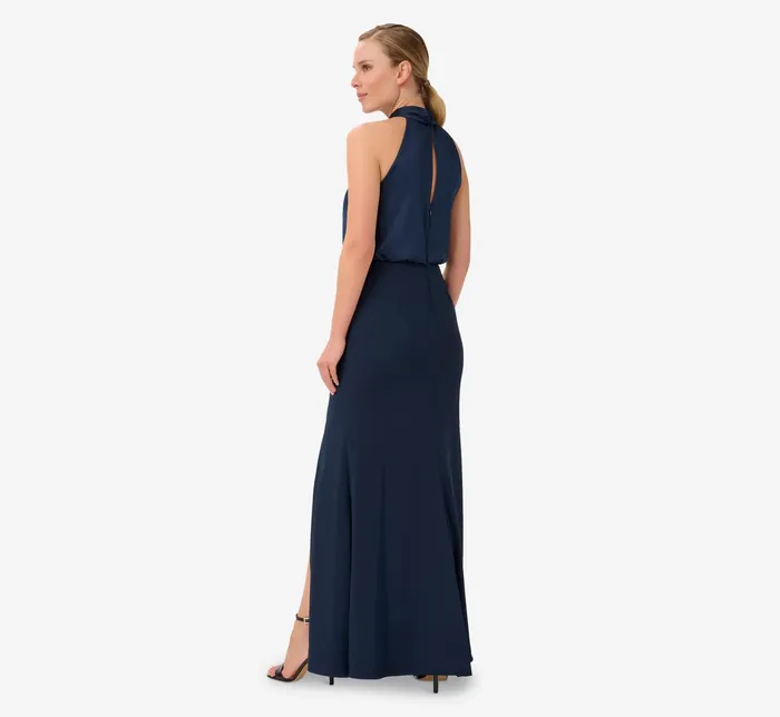 Adrianna Papell Satin Crepe Blouson Halter Long Gown In Dark Navy Dark Navy Women Long Dresses Adrianna Papell Satin Crepe Blouson Halter Long Gown In Dark Navy Dark Navy Women Long Dresses