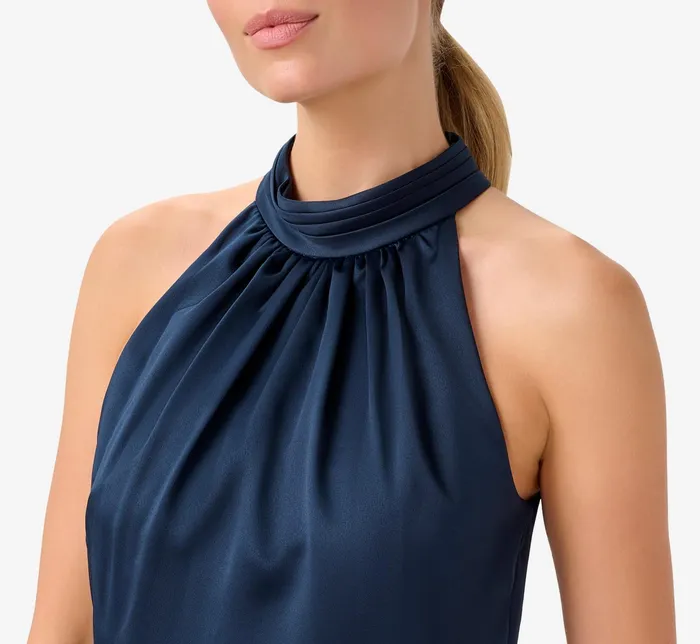 Adrianna Papell Satin Crepe Blouson Halter Long Gown In Dark Navy Dark Navy Women Long Dresses Adrianna Papell Satin Crepe Blouson Halter Long Gown In Dark Navy Dark Navy Women Long Dresses
