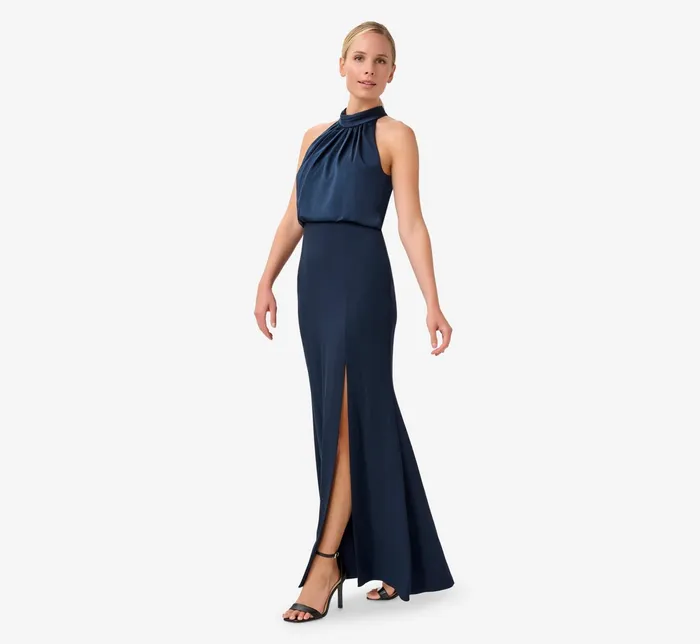 Adrianna Papell Satin Crepe Blouson Halter Long Gown In Dark Navy Dark Navy Women Long Dresses Adrianna Papell Satin Crepe Blouson Halter Long Gown In Dark Navy Dark Navy Women Long Dresses