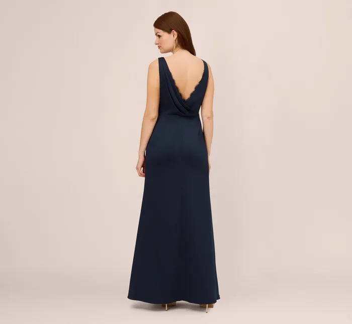 Adrianna Papell Satin Crepe Mermaid Gown With Lace Accent Cowl Back In Dark Navy Dark Navy Women Day Dresses Adrianna Papell Satin Crepe Mermaid Gown With Lace Accent Cowl Back In Dark Navy Dark Navy Women Day Dresses