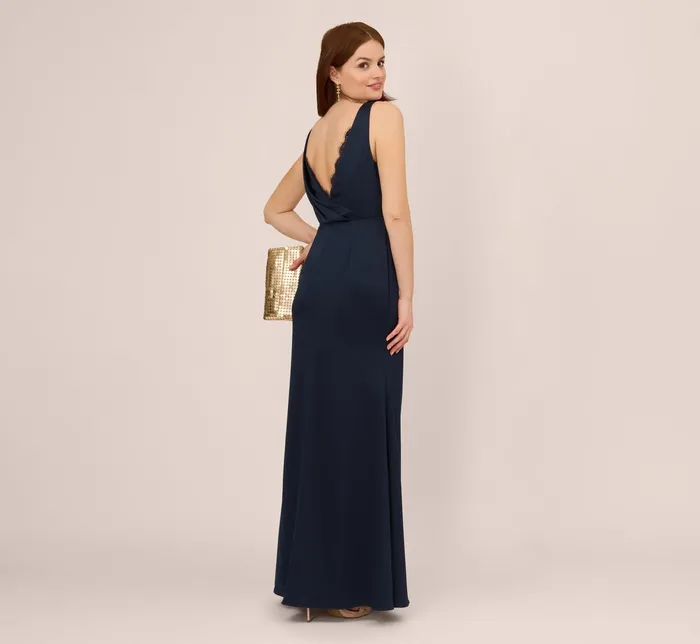 Adrianna Papell Satin Crepe Mermaid Gown With Lace Accent Cowl Back In Dark Navy Dark Navy Women Day Dresses Adrianna Papell Satin Crepe Mermaid Gown With Lace Accent Cowl Back In Dark Navy Dark Navy Women Day Dresses