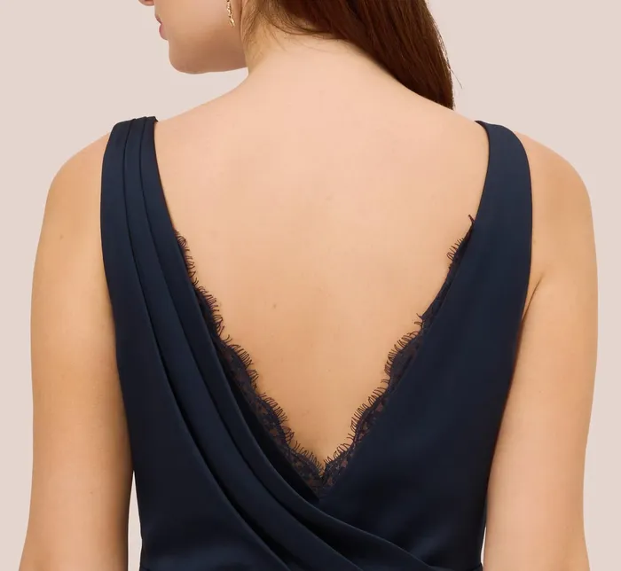Adrianna Papell Satin Crepe Mermaid Gown With Lace Accent Cowl Back In Dark Navy Dark Navy Women Day Dresses Adrianna Papell Satin Crepe Mermaid Gown With Lace Accent Cowl Back In Dark Navy Dark Navy Women Day Dresses