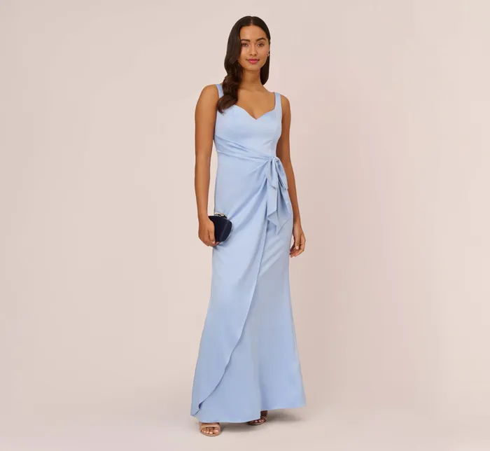 Adrianna Papell Satin Crepe Mermaid Gown With Tie Waist In Blue Breeze Blue Breeze Women Long Dresses Adrianna Papell Satin Crepe Mermaid Gown With Tie Waist In Blue Breeze Blue Breeze Women Long Dresses