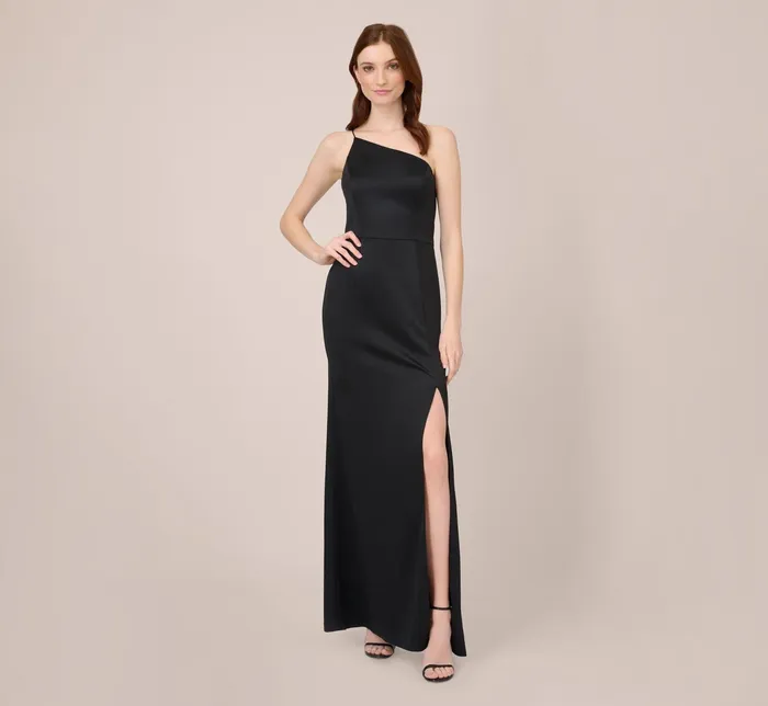 Adrianna Papell Satin Crepe OneShoulder Long Gown In Black Black Women Long Dresses Adrianna Papell Satin Crepe OneShoulder Long Gown In Black Black Women Long Dresses