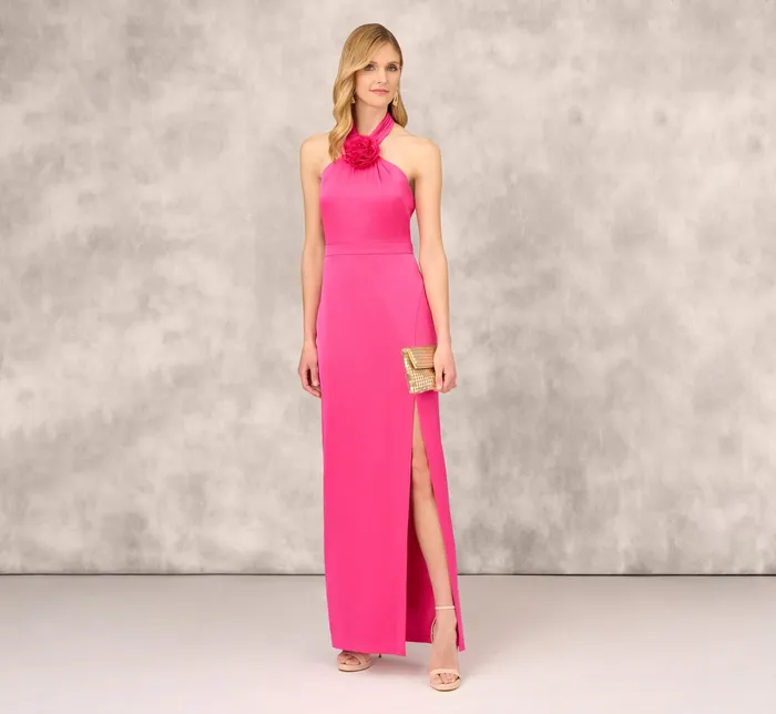 Adrianna Papell Satin Halter Gown With Rosette Accent In Hot Pink Hot Pink Women Day Dresses Adrianna Papell Satin Halter Gown With Rosette Accent In Hot Pink Hot Pink Women Day Dresses