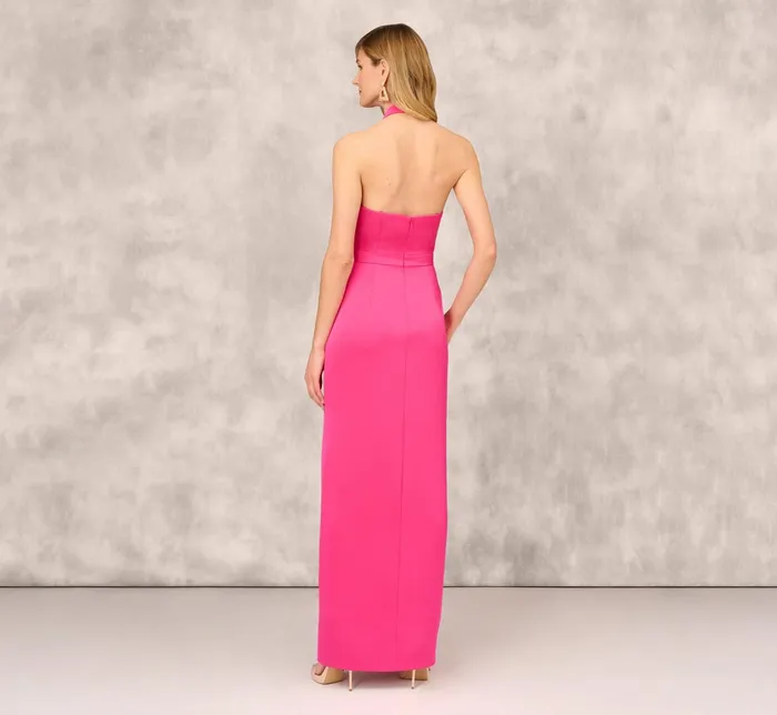 Adrianna Papell Satin Halter Gown With Rosette Accent In Hot Pink Hot Pink Women Day Dresses Adrianna Papell Satin Halter Gown With Rosette Accent In Hot Pink Hot Pink Women Day Dresses