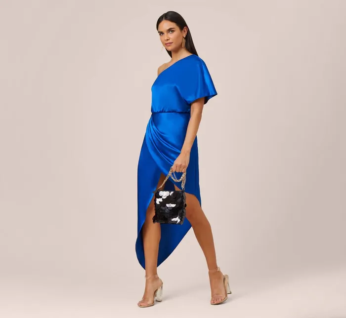 Adrianna Papell Satin OneShoulder Draped Long Asymmetrical Gown In Violet Cobalt Violet Cobalt Women Long Dresses Adrianna Papell Satin OneShoulder Draped Long Asymmetrical Gown In Violet Cobalt Violet Cobalt Women Long Dresses
