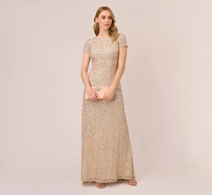 Adrianna Papell Scoop Back Sequin Gown In Champagne Champagne Women Long Dresses Adrianna Papell Scoop Back Sequin Gown In Champagne Champagne Women Long Dresses