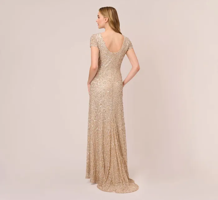Adrianna Papell Scoop Back Sequin Gown In Champagne Champagne Women Long Dresses Adrianna Papell Scoop Back Sequin Gown In Champagne Champagne Women Long Dresses