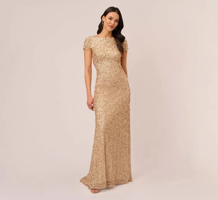 Adrianna Papell Scoop Back Sequin Gown In Champagne Gold ChampagneGold Women Formal Dresses Adrianna Papell Scoop Back Sequin Gown In Champagne Gold ChampagneGold Women Formal Dresses
