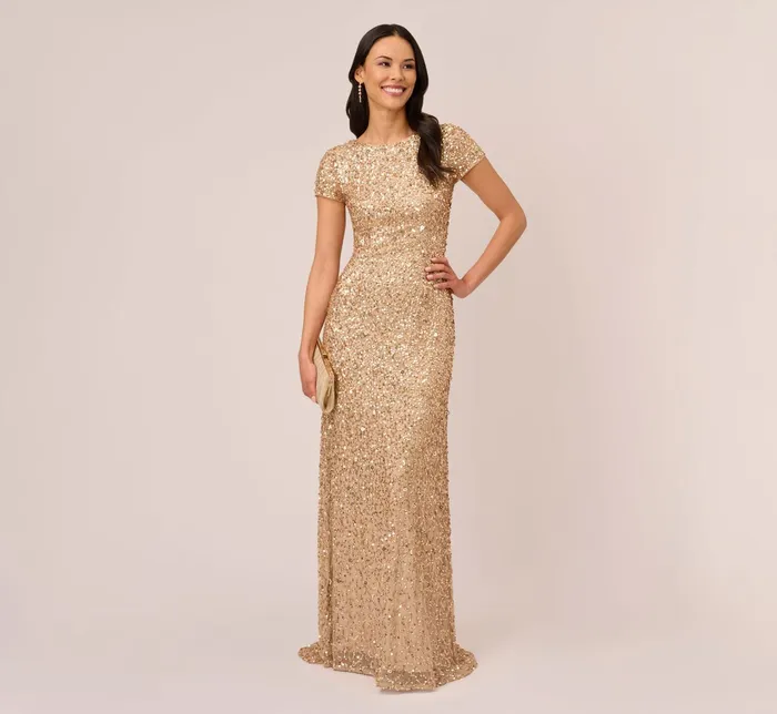 Adrianna Papell Scoop Back Sequin Gown In Champagne Gold ChampagneGold Women Formal Dresses Adrianna Papell Scoop Back Sequin Gown In Champagne Gold ChampagneGold Women Formal Dresses