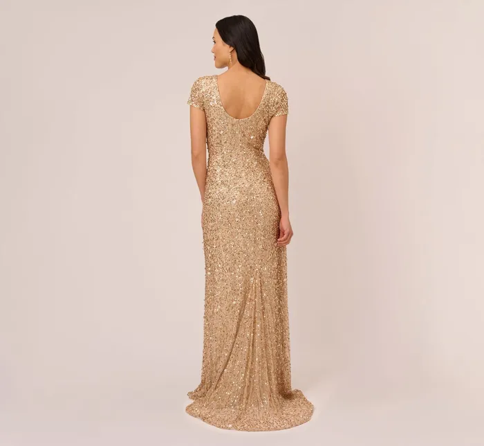 Adrianna Papell Scoop Back Sequin Gown In Champagne Gold ChampagneGold Women Formal Dresses Adrianna Papell Scoop Back Sequin Gown In Champagne Gold ChampagneGold Women Formal Dresses