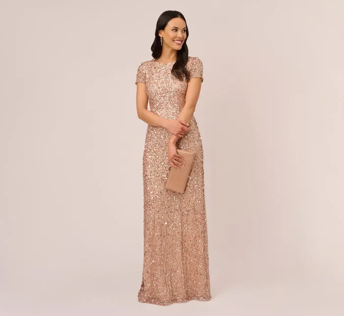 Adrianna Papell Scoop Back Sequin Gown In Rose Gold Rose Gold Women Long Dresses