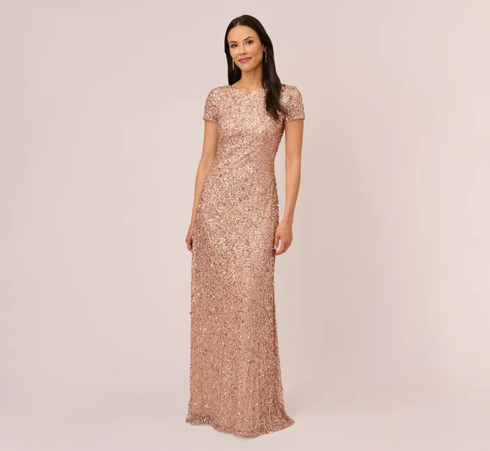 Adrianna Papell Scoop Back Sequin Gown In Rose Gold Rose Gold Women Long Dresses Adrianna Papell Scoop Back Sequin Gown In Rose Gold Rose Gold Women Long Dresses