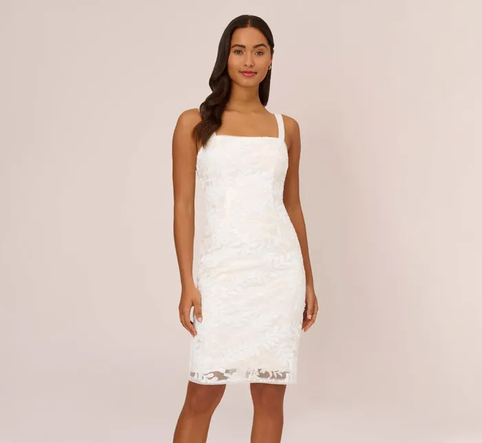 Adrianna Papell Sequin Embroidered Sheath Dress With Grosgrain Straps In Ivory Ivory Women Short Wedding Dresses Adrianna Papell Sequin Embroidered Sheath Dress With Grosgrain Straps In Ivory Ivory Women Short Wedding Dresses