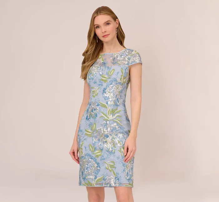 Adrianna Papell Sequin Floral Embroidered Sheath Dress With Cap Sleeves In Blue Green Multi BlueGreen Multi Women Floral Dresses Adrianna Papell Sequin Floral Embroidered Sheath Dress With Cap Sleeves In Blue Green Multi BlueGreen Multi Women Floral Dresses