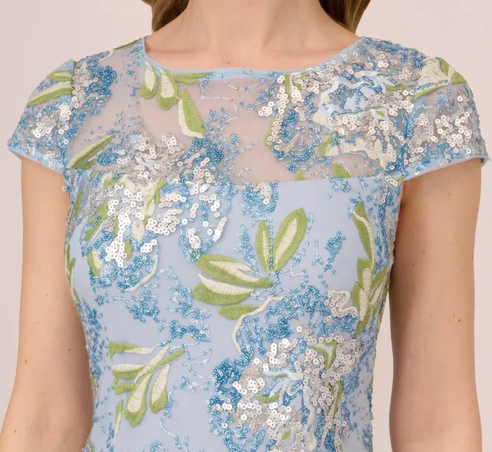 Adrianna Papell Sequin Floral Embroidered Sheath Dress With Cap Sleeves In Blue Green Multi BlueGreen Multi Women Floral Dresses Adrianna Papell Sequin Floral Embroidered Sheath Dress With Cap Sleeves In Blue Green Multi BlueGreen Multi Women Floral Dresses
