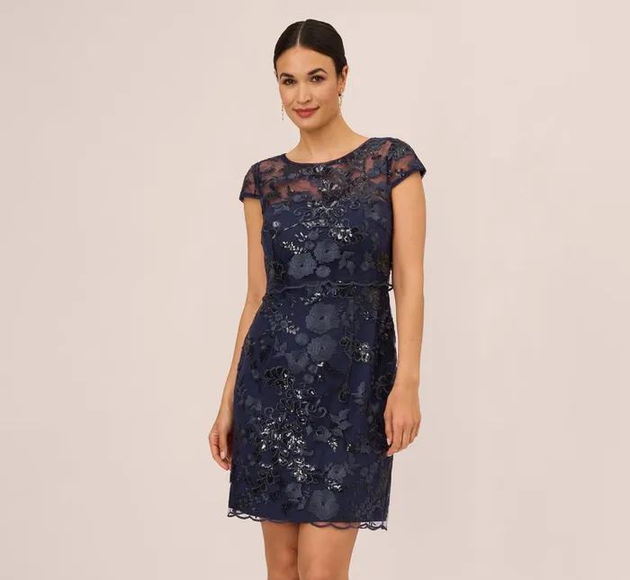 Adrianna Papell Sequin Floral Short Sleeve Dress With Popover In Navy Navy Women Floral Dresses Adrianna Papell Sequin Floral Short Sleeve Dress With Popover In Navy Navy Women Floral Dresses