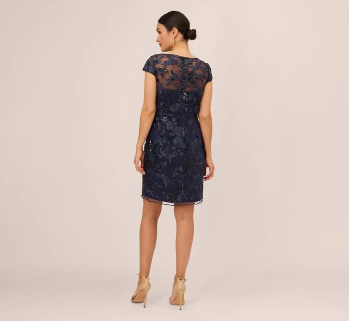 Adrianna Papell Sequin Floral Short Sleeve Dress With Popover In Navy Navy Women Floral Dresses Adrianna Papell Sequin Floral Short Sleeve Dress With Popover In Navy Navy Women Floral Dresses