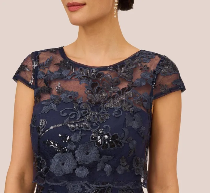 Adrianna Papell Sequin Floral Short Sleeve Dress With Popover In Navy Navy Women Floral Dresses Adrianna Papell Sequin Floral Short Sleeve Dress With Popover In Navy Navy Women Floral Dresses