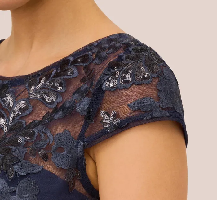 Adrianna Papell Sequin Floral Short Sleeve Dress With Popover In Navy Navy Women Floral Dresses Adrianna Papell Sequin Floral Short Sleeve Dress With Popover In Navy Navy Women Floral Dresses