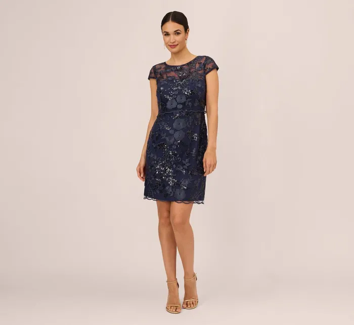 Adrianna Papell Sequin Floral Short Sleeve Dress With Popover In Navy Navy Women Floral Dresses Adrianna Papell Sequin Floral Short Sleeve Dress With Popover In Navy Navy Women Floral Dresses