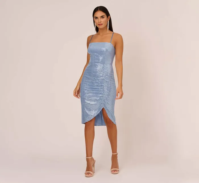 Adrianna Papell Sequin Knit Cocktail Dress With Ruched Details In Air Force Air Force Women Cocktail Dresses