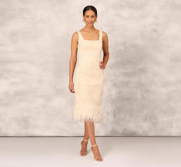 Adrianna Papell Sequined And Embroidered MidiLength Sheath Cocktail Dress With Feather Trim In Champagne Champagne Women Midi Dresses Adrianna Papell Sequined And Embroidered MidiLength Sheath Cocktail Dress With Feather Trim In Champagne Champagne Women Midi Dresses